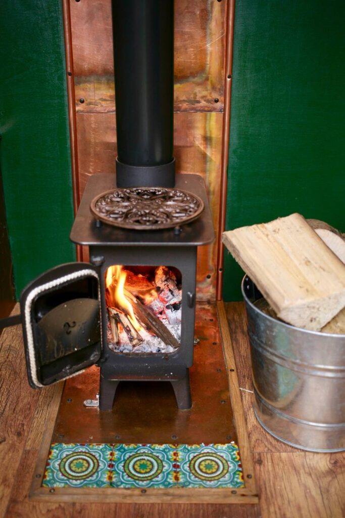 A wood burner in a self build Citroen Relay van conversion