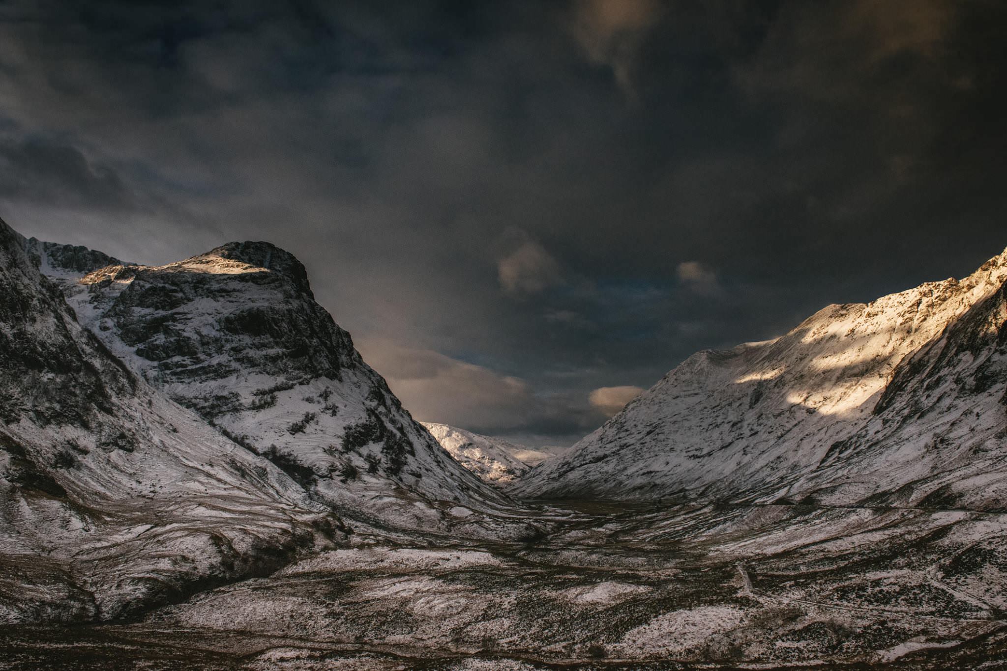 A snowy mountain valley in Ireland