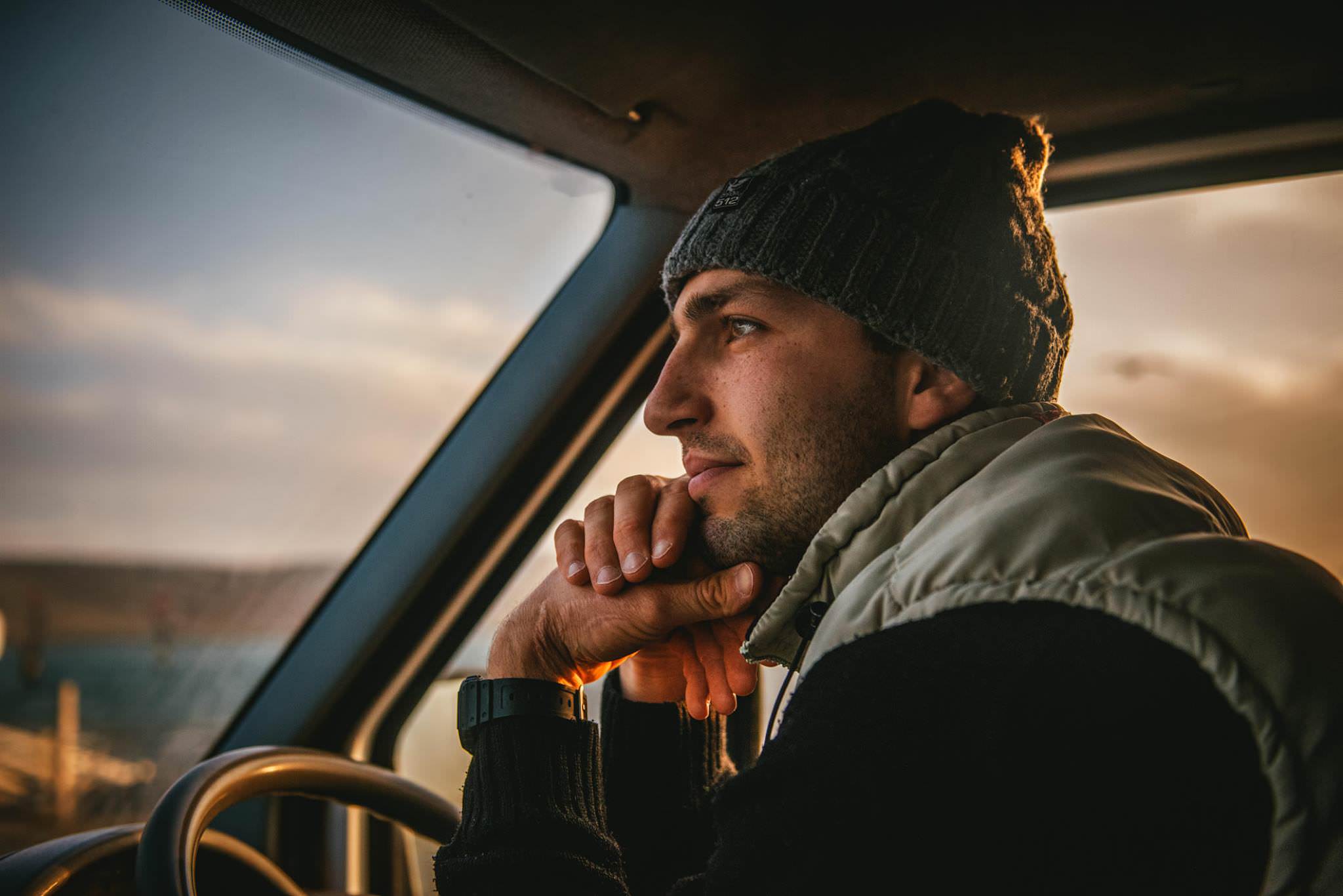 A man driving a campervan