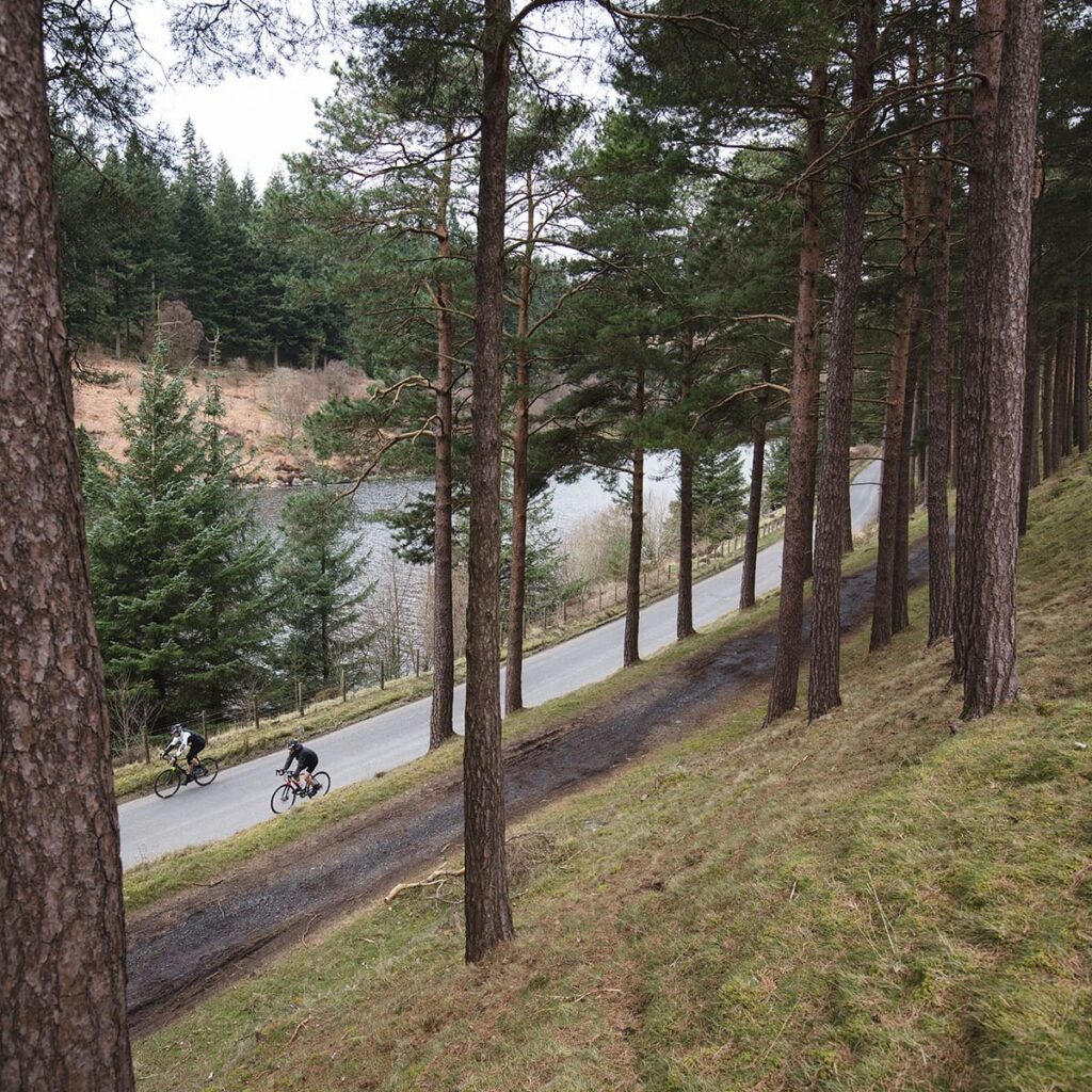 2 cyclists on an adventure in the trees in Wales