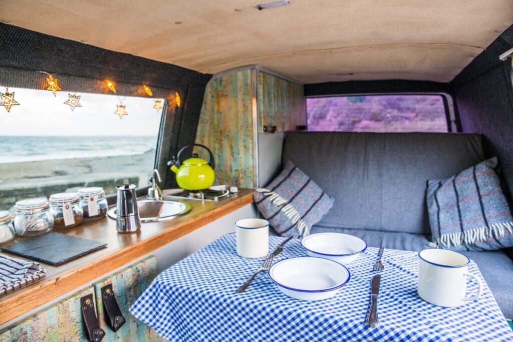Dining and living area of this handmade selfbuilt campervan 