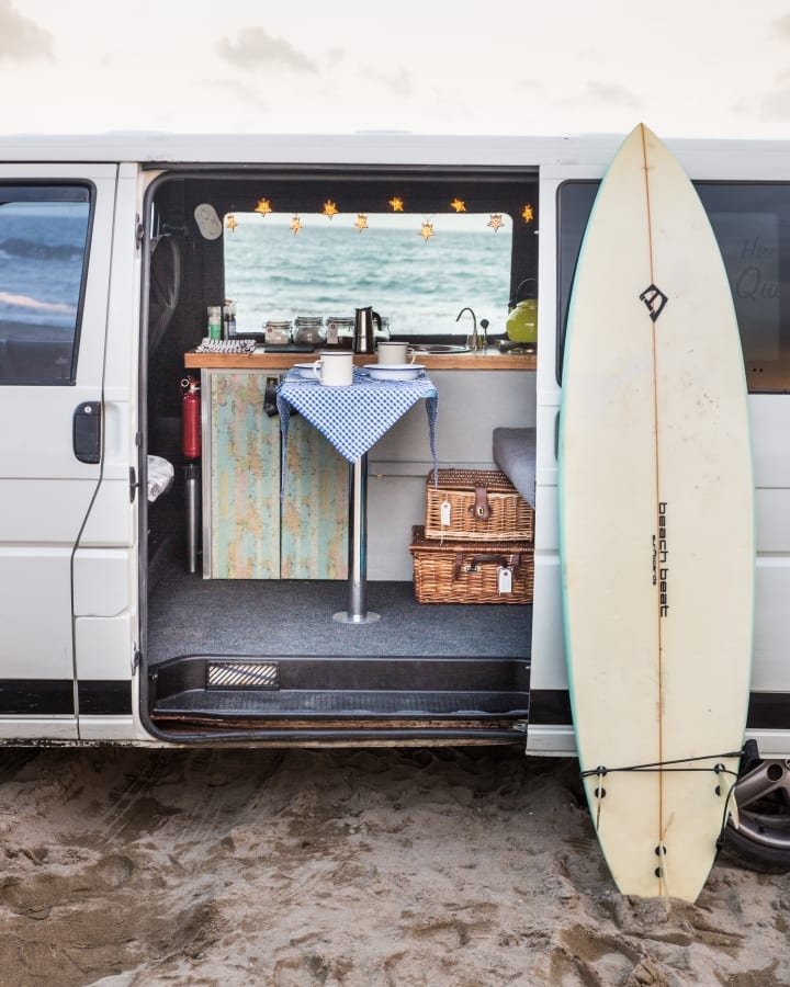 Baxter the Quirky Camper ready for a surf adventure in cornwall
