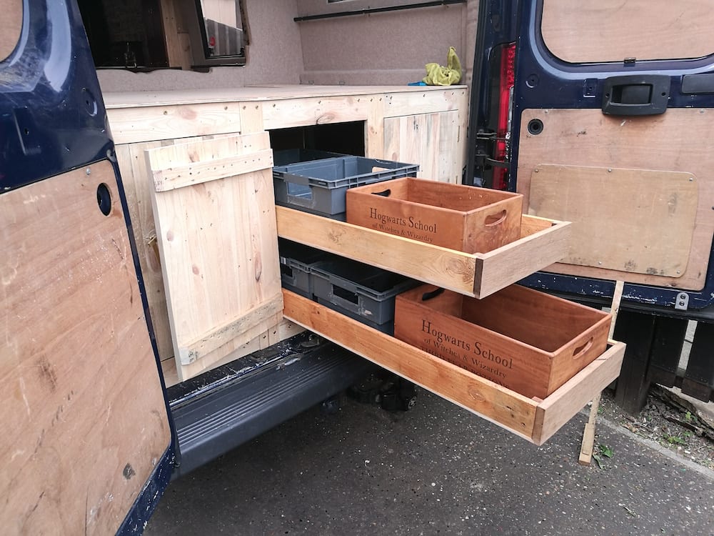 pull out storage shelves in a campervan conversion