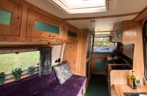 The inside of Angel one of our campervans available to hire for festivals