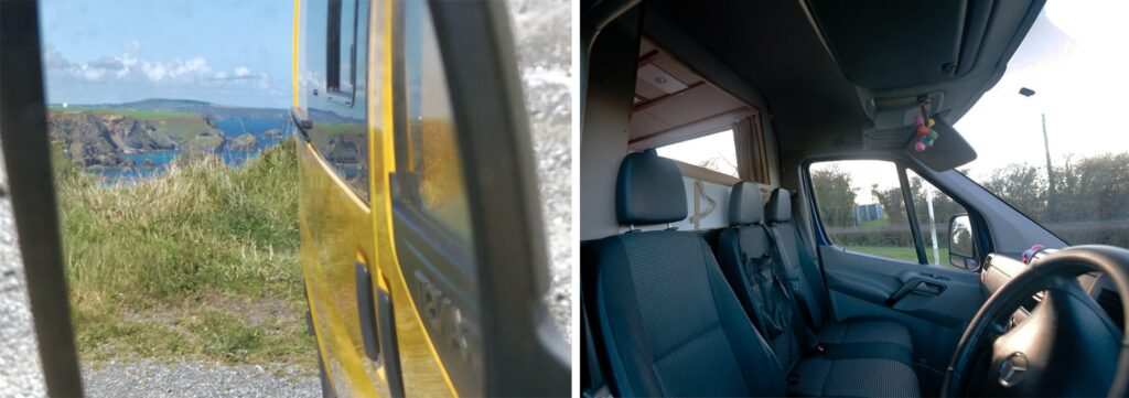 Left: the view of ocean and cliffs from the wing mirror of a campervan. Right: the view of the cab area