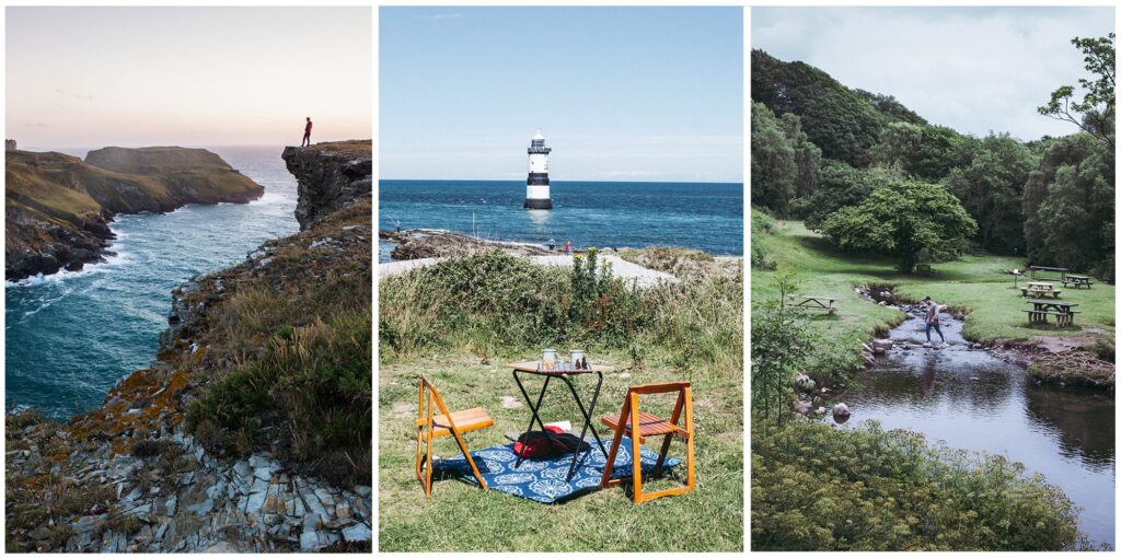 left: man on cliffs looking over the ocean. Middle: two picnic spaces looking out to a lighthouse. Right: a stream in the woods