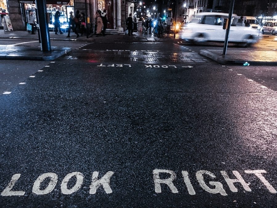 Look right written on the floor at a road crossing