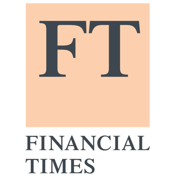 The image shows the logo of Financial Times. It features a salmon-colored square with the large, bold, black letters "FT" in the center. Below the square, the words "FINANCIAL TIMES" are written in black capital letters, aligned centrally.
