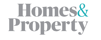 The image displays the logo for "Homes & Property." The text is in a bold, serif font. "Homes" and "Property" are in light gray, while the ampersand (&) is in a bright teal color. The words are stacked vertically, with "Homes" on top and "& Property" beneath it.