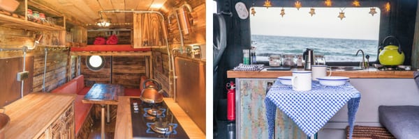 Left inside a campervan rustic wood conversion. Right: dining and kitchen area of a white and blue campervan with ocean view from window