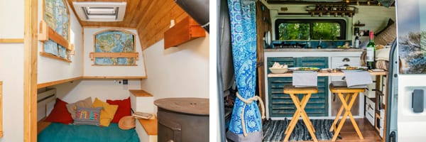 Left: bedding area with two bunk beds in a selfbuilt campervan. Right: kitchen and dining area in a selfbuilt campervan