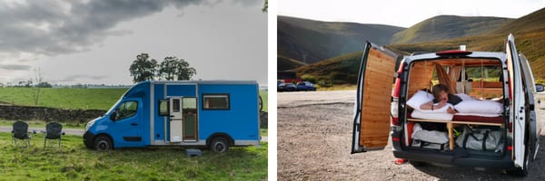 the outside of a blue campervan and another photo of the open back of a campervan with someone led on the bed