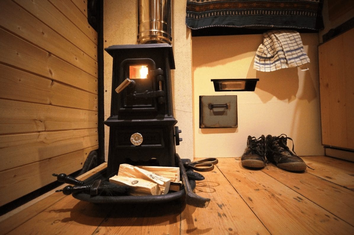 A small woodburner in a campervan