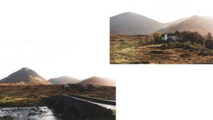 Two photos of mountains and a river with bridge in the Isle of Skye Scotland
