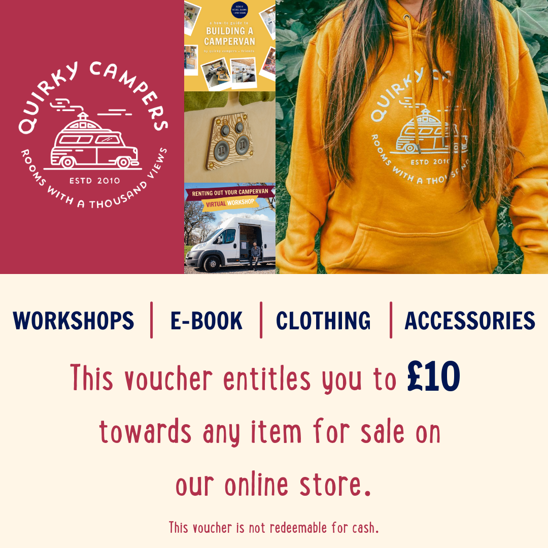 Promotional image for Quirky Campers featuring colorful collage of camper images, a person wearing an orange hoodie with the Quirky Campers logo, and a £10 voucher. The voucher can be used on workshops, e-book, clothing, or accessories on their online store, and is not redeemable for cash.