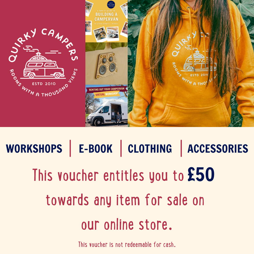 A promotional voucher from Quirky Campers. It features their logo, a campervan with the text "Rooms with a thousand views". The voucher offers £50 towards items in their online store including workshops, e-books, clothing, and accessories. The voucher is not redeemable for cash.