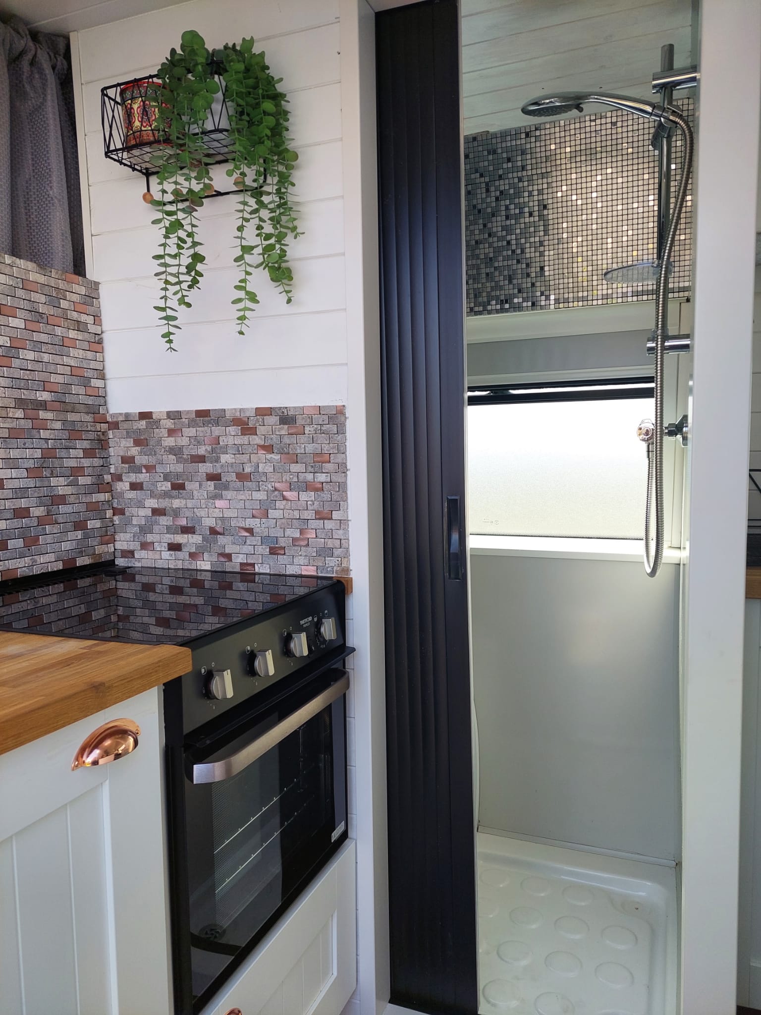 A compact, modern kitchen features a black stove with an oven, wooden countertops, and a white tile backsplash with gray and red accents. A black shower door opens to reveal a small shower area with gray mosaic tiles. Above the stove, a hanging metal basket holds green trailing plants.