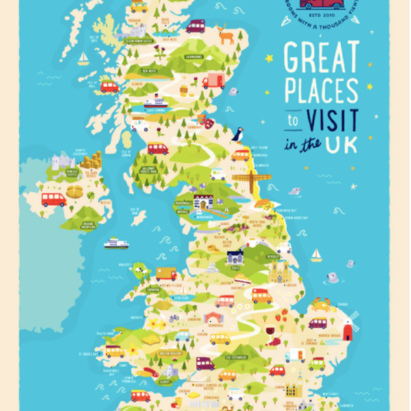 A colorful illustrated map of the UK highlights various landmarks and activities in different regions. Icons include castles, animals, boats, and vehicles, with captions such as "Great Places to Visit in the UK" and various location names. The map is bordered in light beige.
