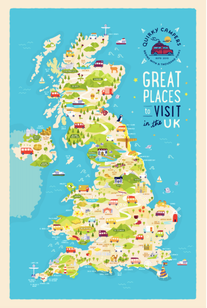 A colorful illustrated map of the UK highlights various landmarks and activities in different regions. Icons include castles, animals, boats, and vehicles, with captions such as "Great Places to Visit in the UK" and various location names. The map is bordered in light beige.