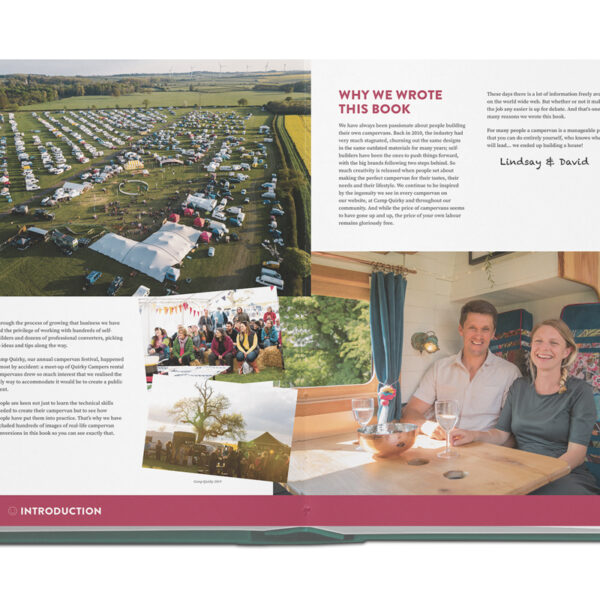 An open book spread with text and images. Left page includes an aerial view of a large campground and a photo of a festive group gathering. The right page features a column of text titled "Why We Wrote This Book" and a smiling couple seated at a table with wine glasses, in a cozy indoor setting.