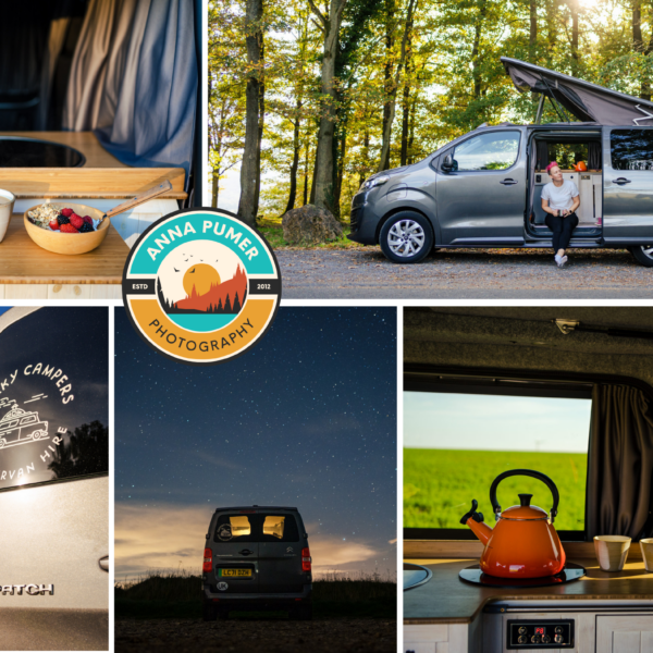 A collage image depicts a camper van in various settings. Three photos show interior scenes with a kettle, mugs, and nature views through windows. Two photos show the van's exterior in wooded and open field settings. Central image features the van's side with its rear door lifted and logo visible.