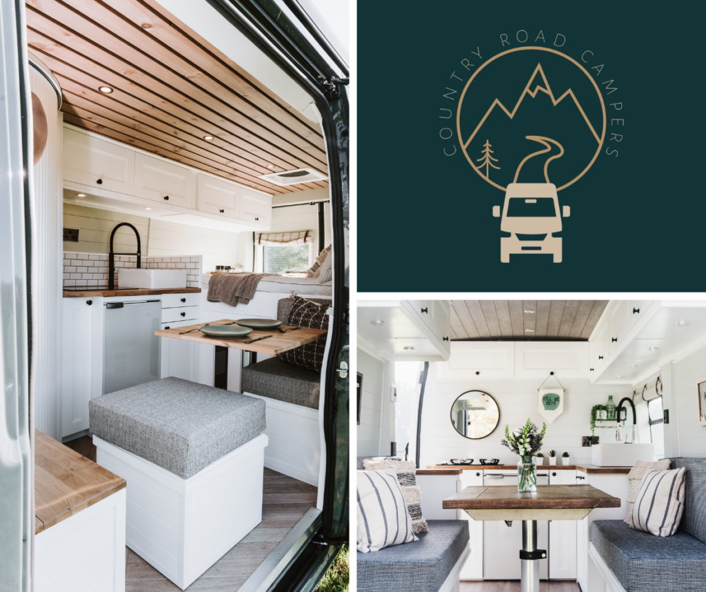 A collage in a van conversion showcases a stylish camper interior. The left image shows seating and kitchen space. The top right features a "Country Road Campers" logo. The bottom right image highlights a cozy dining area with a table, bench seating, and greenery in a vase.