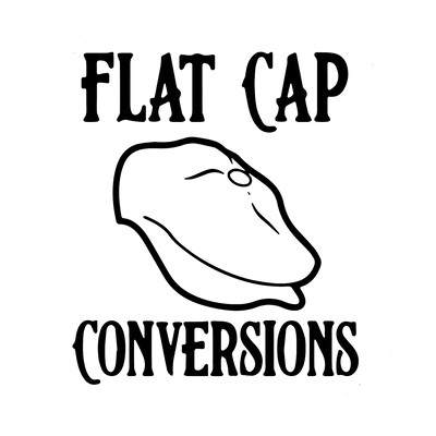 A black and white logo features a flat cap illustration centered between the words "Flat Cap" above and "Conversions" below, both in bold, uppercase, vintage-style fonts. The design is set against a plain white background.