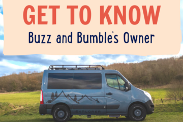 A blue camper van with mountain graphics is parked on a grassy field with hills in the background. Above the van, there is text in red and blue that says, "Get to know Buzz and Bumble's Owner." The sky overhead is partly cloudy.