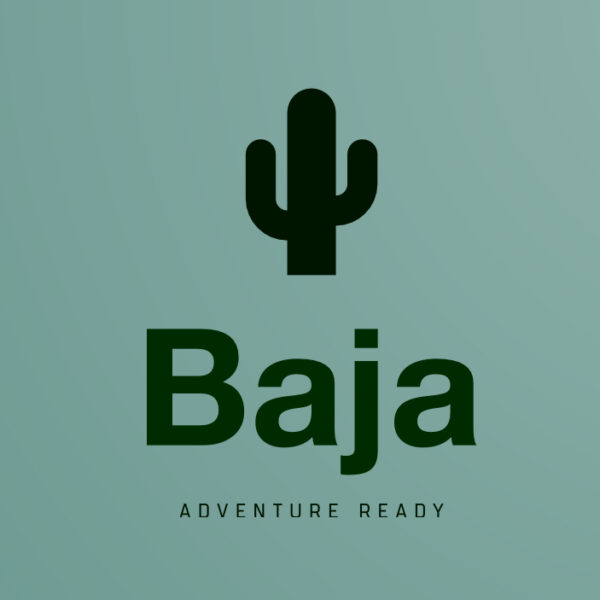 A minimalist logo design featuring a dark green cactus silhouette above the word "Baja" in bold, dark green text. Below "Baja," the words "ADVENTURE READY" are written in smaller, uppercase letters. The background is a gradient of light to dark teal green.
